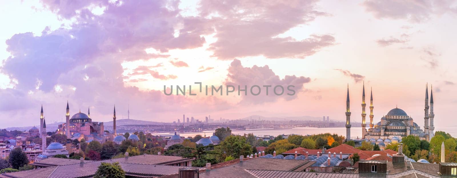 Blue Mosque and Hagia Sophia in the Istanbul panorama.
