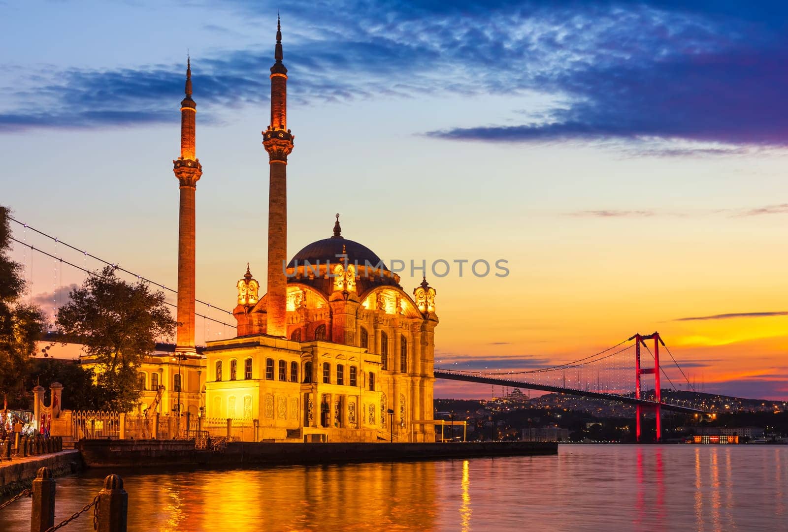 Ortakoy Mosque at sunrise near the Bosphorus bridge, Istanbul, Turkey.