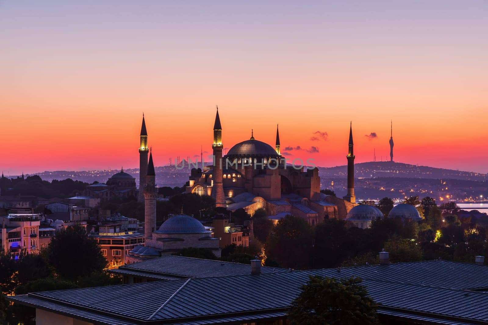 Hagia Sophia in Istanbul, colorful sunset view.