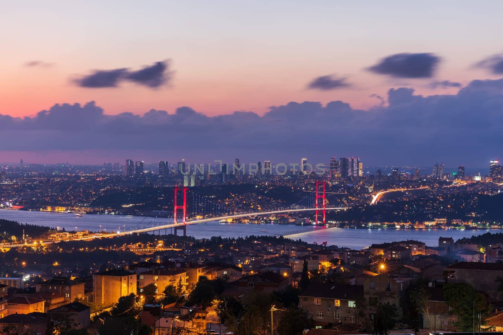 The 15 July Martyrs Bridge or the Bosphorus bridge in Istanbul, Turkey, night view.
