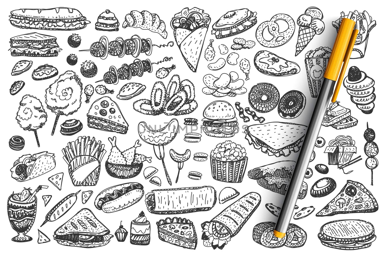 Fast food doodle set. Collection of pop corn cakes hamburger hot dog crisps hamburger noodles and pizza on white background. Unhealthy nutrition and junk meal illustration.