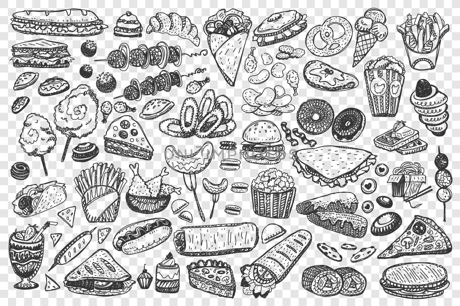 Fast food doodle set. Collection of pop corn cake hamburger hot dog crisps hamburger noodles and pizza on transparent background. Unhealthy nutrition and junk meal illustration.