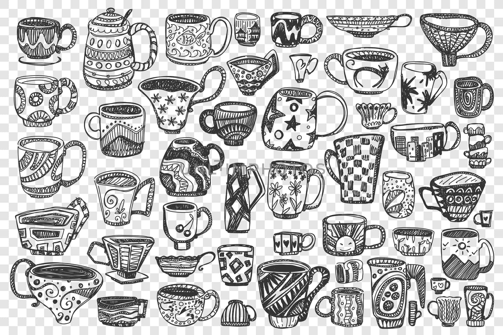 Cups doodle set. Collection of different hand drawn decorated coffee tea mugs full with beverages isolated on transparent background. Trendy crockery with handle for drink illustration.