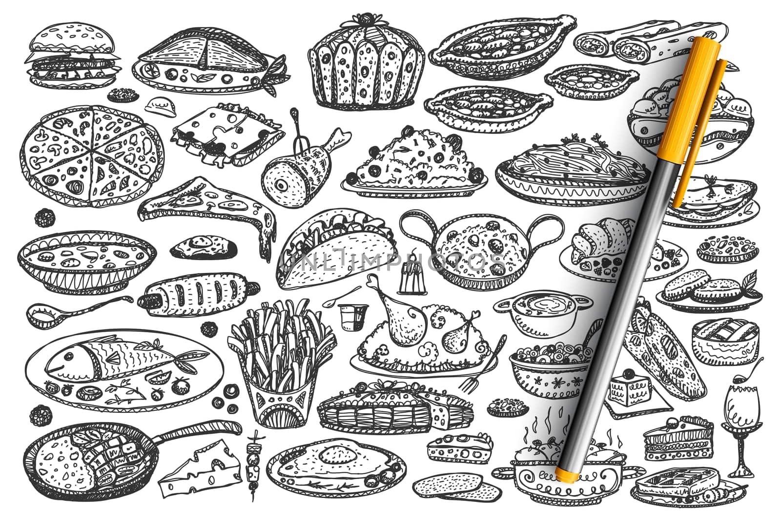 Food doodle set. Collection of hand drawn various different kind of meal dishes isolated on white background. Meat pizza fish and fast food hamburger or healthy vegetables fruits illustration.