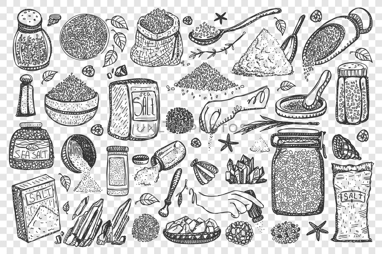 Salt doodle set. Collection of cooking spices sea salty condiments in containers and saltcellar boxes isolated on transparent background. Pepper shaker and granular supplements in kitchen illustration