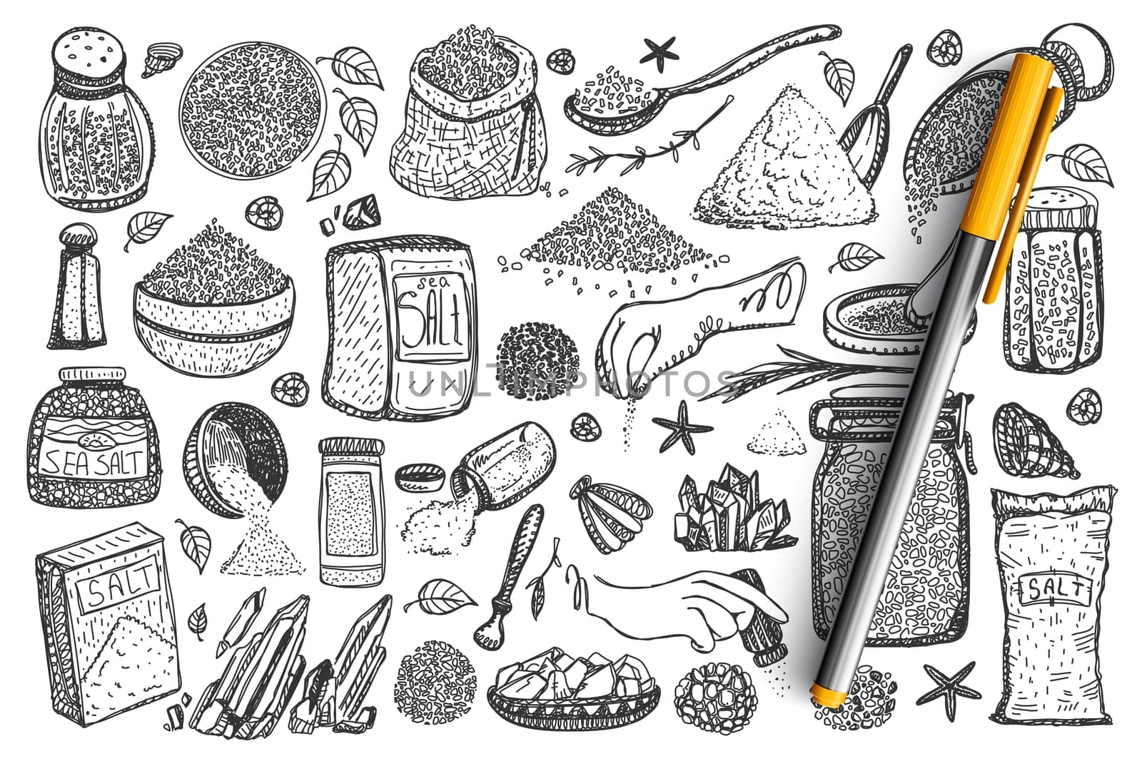 Salt doodle set. Collection of cooking spices sea salty condiments in containers and saltcellar boxes isolated on white background. Pepper shaker and granular supplements in kitchen illustration.