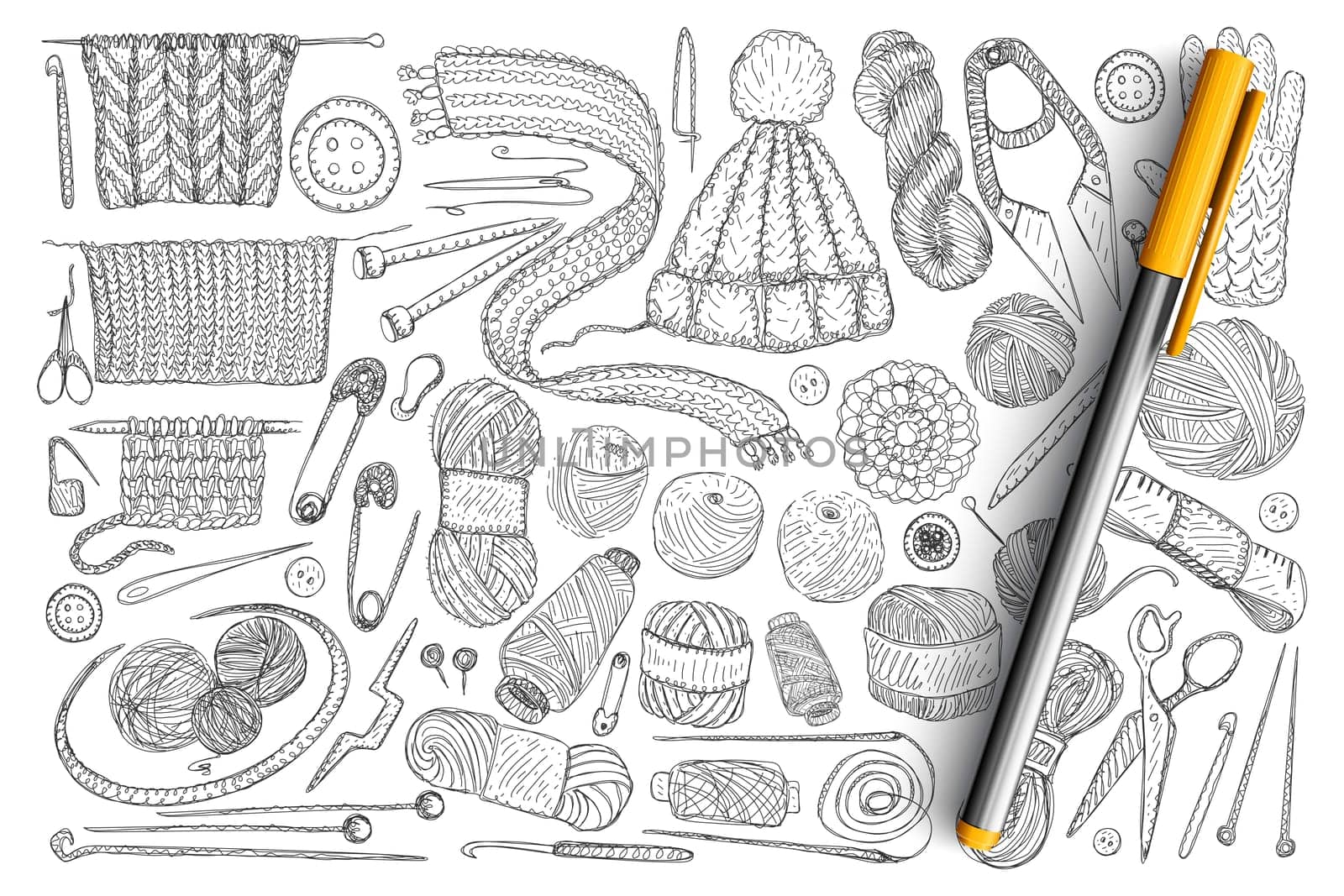 Elements for knitting doodle set. Collection of hand drawn wool, knitwear, needles, pins, measure tape and scissors for knitting isolated on transparent background. Illustration of creative hobby