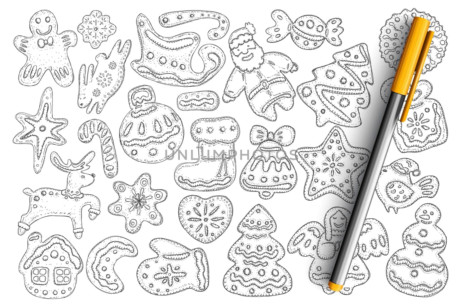 Christmas gingerbread and biscuits doodle set. Collection of hand drawn tasty homemade sweet biscuits in shapes of snowman, decorative ball, angel, santa claus isolated on transparent background