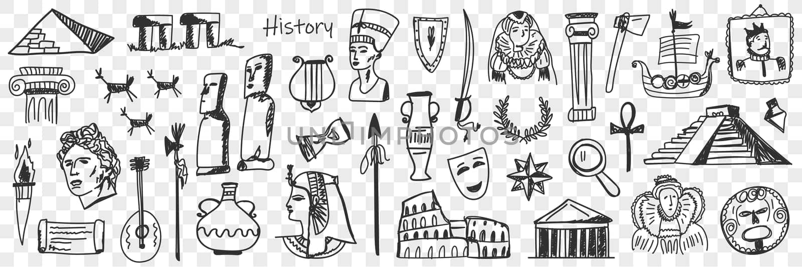 Symbols of history doodle set. Collection of hand drawn ancient sculptures monuments jugs masks theatres buildings wreaths musical instruments torch ships isolated on transparent background