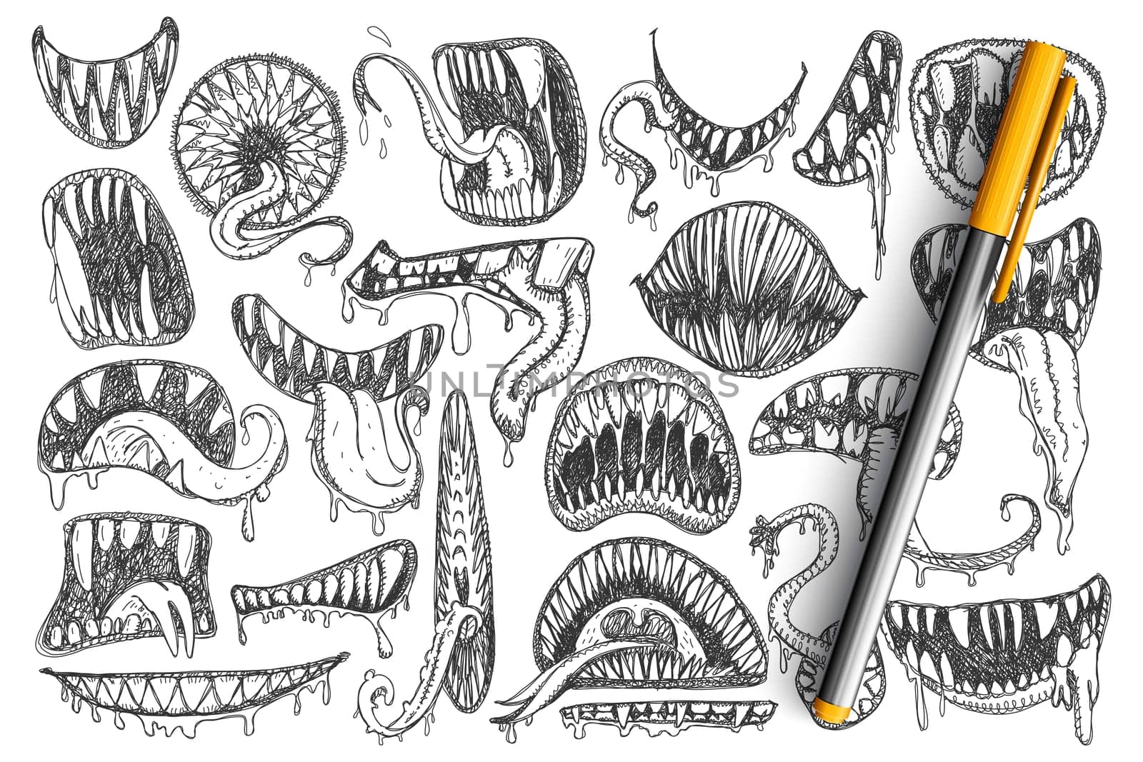 Spooky teeth and mouth doodle set. Collection of hand drawn scary mouth, teeth, tongue as snake or as tattoos isolated on transparent background