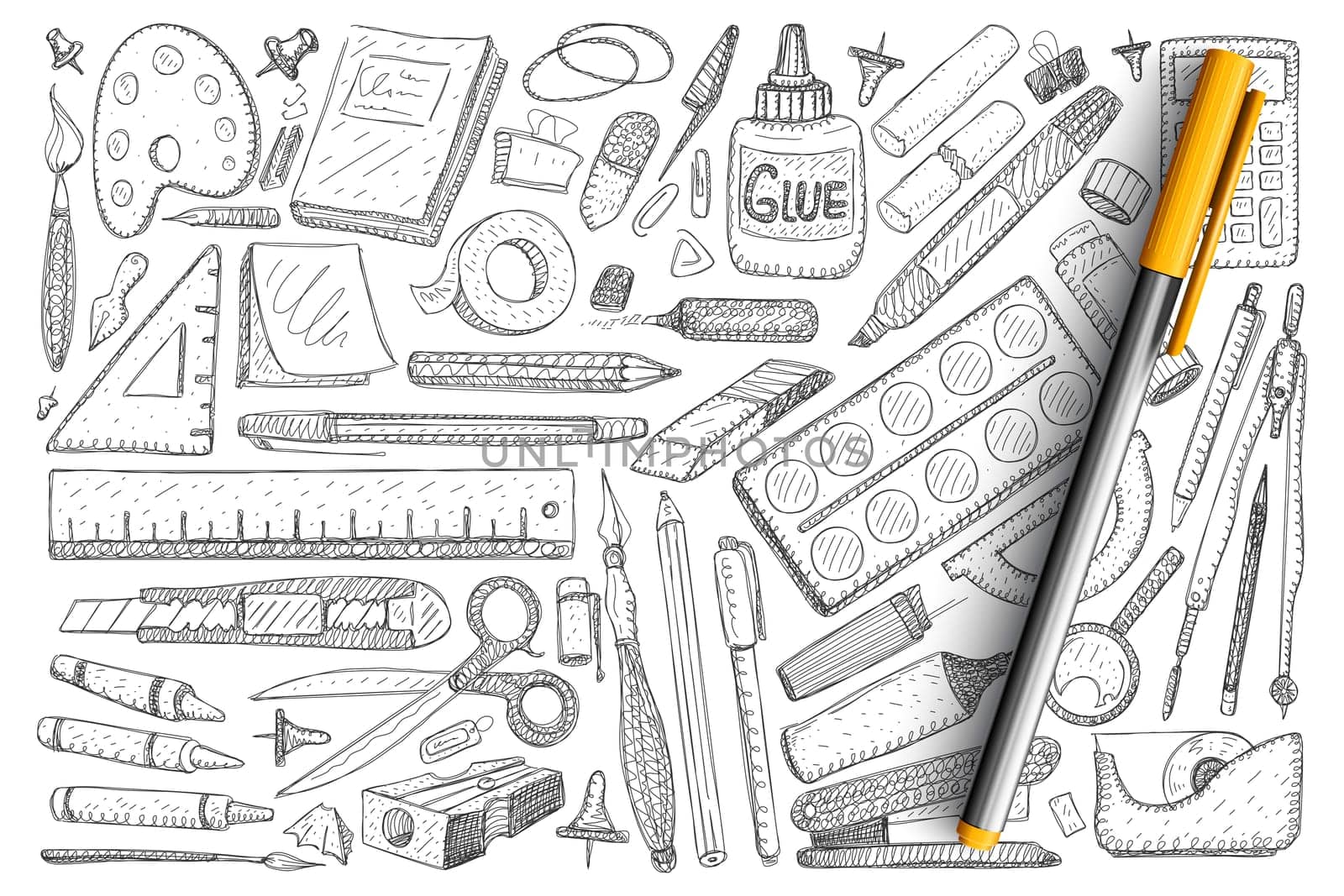 Objects for creative hobby doodle set. Collection of hand drawn glue, paper, collars, brush, scissors, ruler, compass, tools for drawing and creating with hands isolated on transparent background