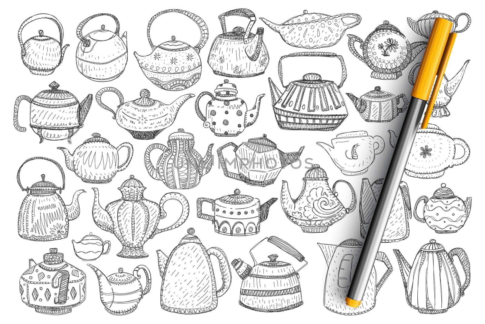 Kettles and teapots doodle set. Collection of hand drawn stylish elegant teapots and kettles for brewing tea and coffee drinks isolated on transparent background. Illustration of kitchenware