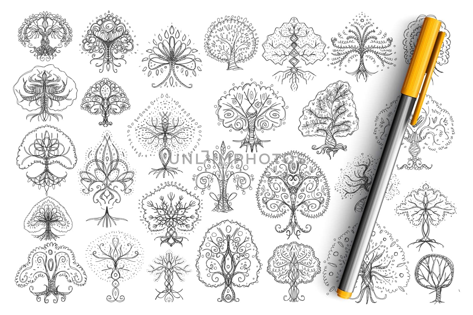 Trees elegant patterns doodle set. Collection of hand drawn trees with crowns and trunks drawn in elegant styles isolated on transparent background. Illustration of nature beauty concept