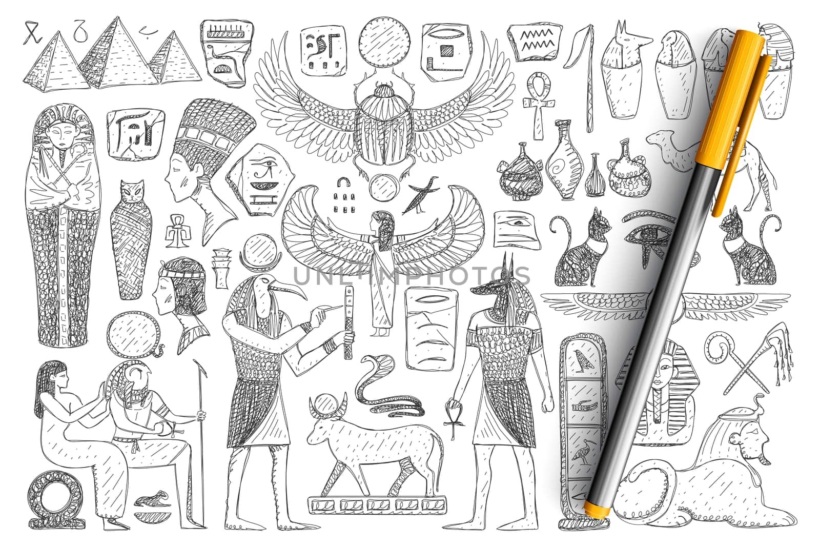 Ancient Egyptian symbols doodle set. Collection of hand drawn pyramids, pharaoh, priest, religious signs and holy sacred symbols isolated on transparent background. Illustration of Ancient Egypt