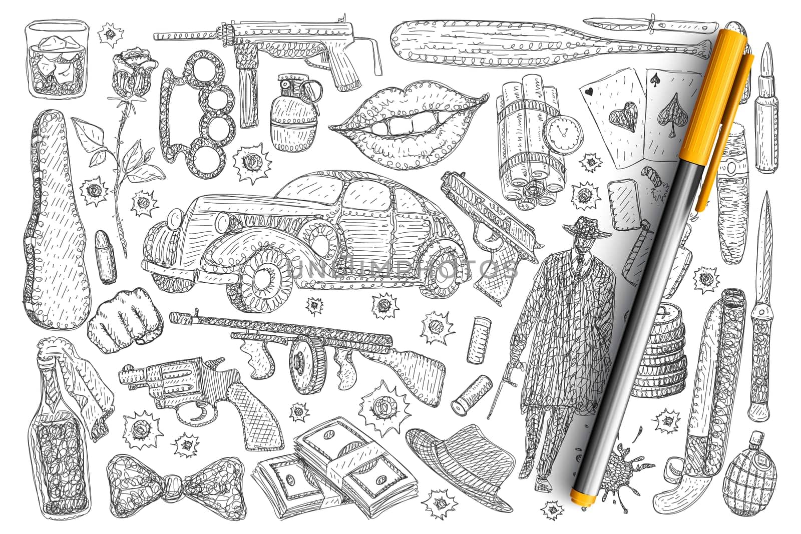 Crimes and robbery symbols doodle set. Collection of hand drawn gun money poison luxury car revolver pistol detective in hat isolated on transparent background. Illustration of criminal story
