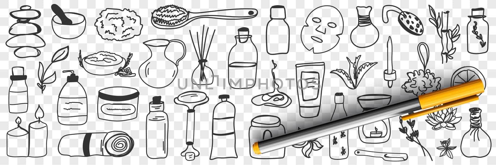 Beauty treatments and cosmetics doodle set. Collection of hand drawn massage oils scrubs masks brush creams towel candles perfume cosmetics for skin and body care isolated on transparent background