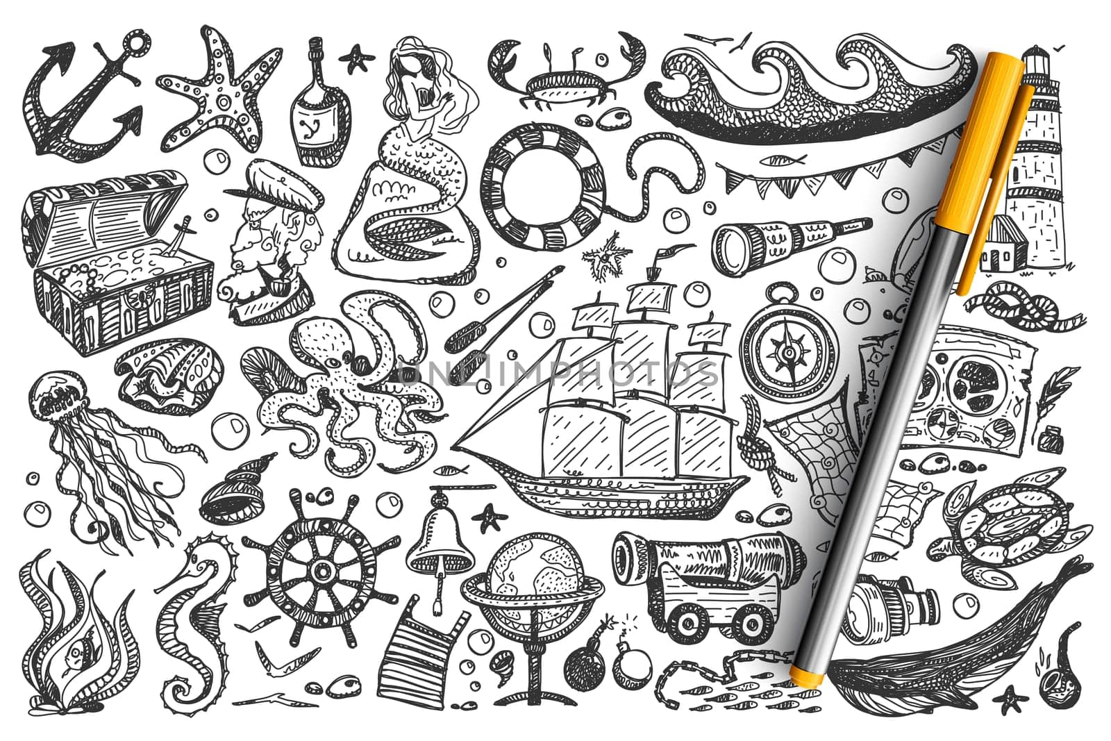 Pirates doodle set. Collection of sea ocean symbols treasure map gold chest ship mermaid whale rum sailor isolated on white background. Corsairs free marine life illustration.