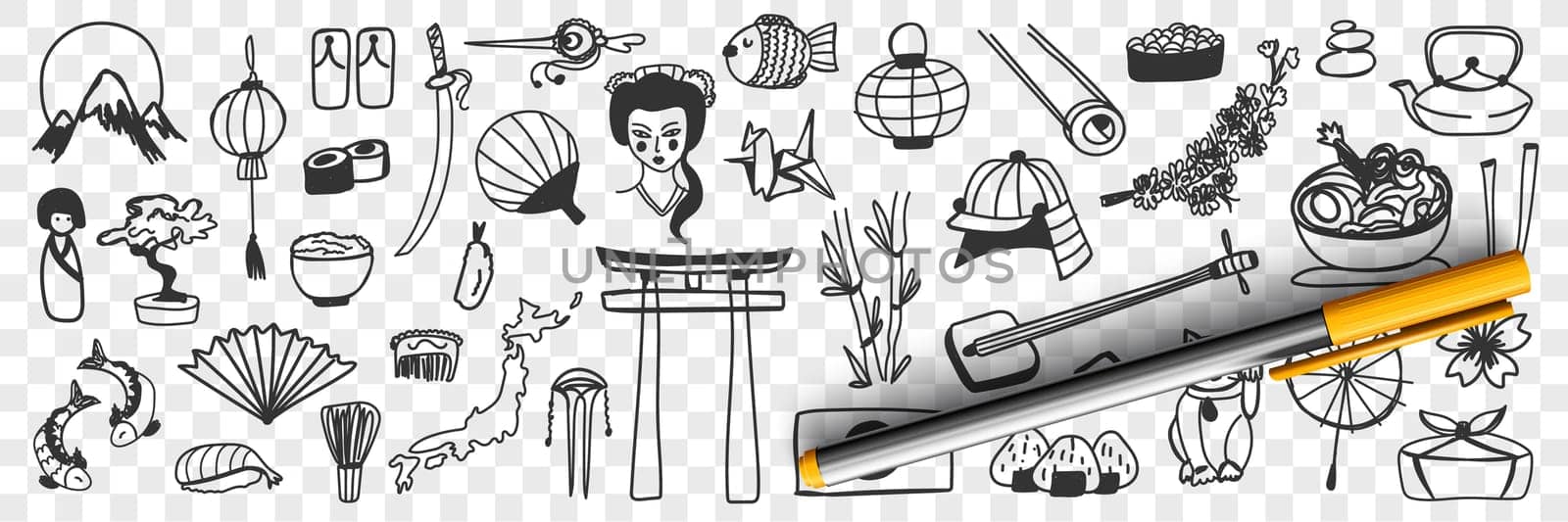 Japanese traditional symbols doodle set. Collection of hand drawn Japanese oriental asian sakura geisha fan foods sabo shoes tea in pot origami netsuke sushi isolated on transparent background