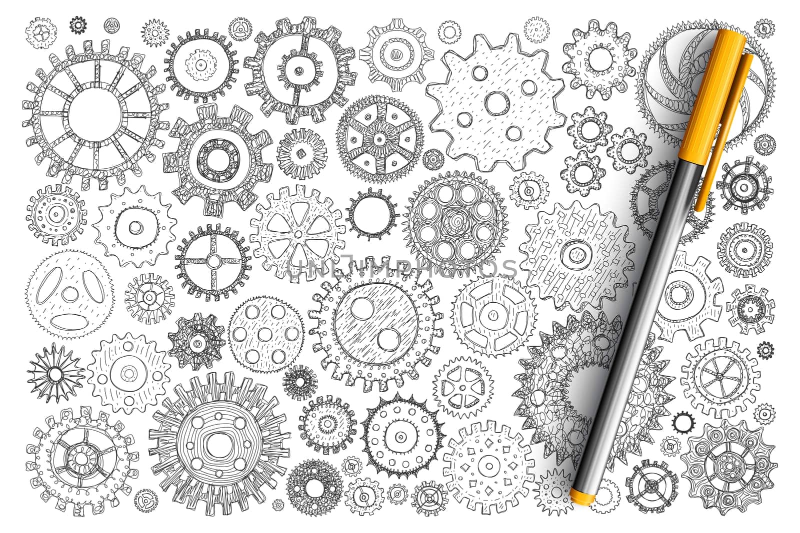 Engineering gears and wheels doodle set. Collection of hand drawn industrial gears engines for launching mechanisms of different sizes isolated on transparent background. Illustration of mechanicals