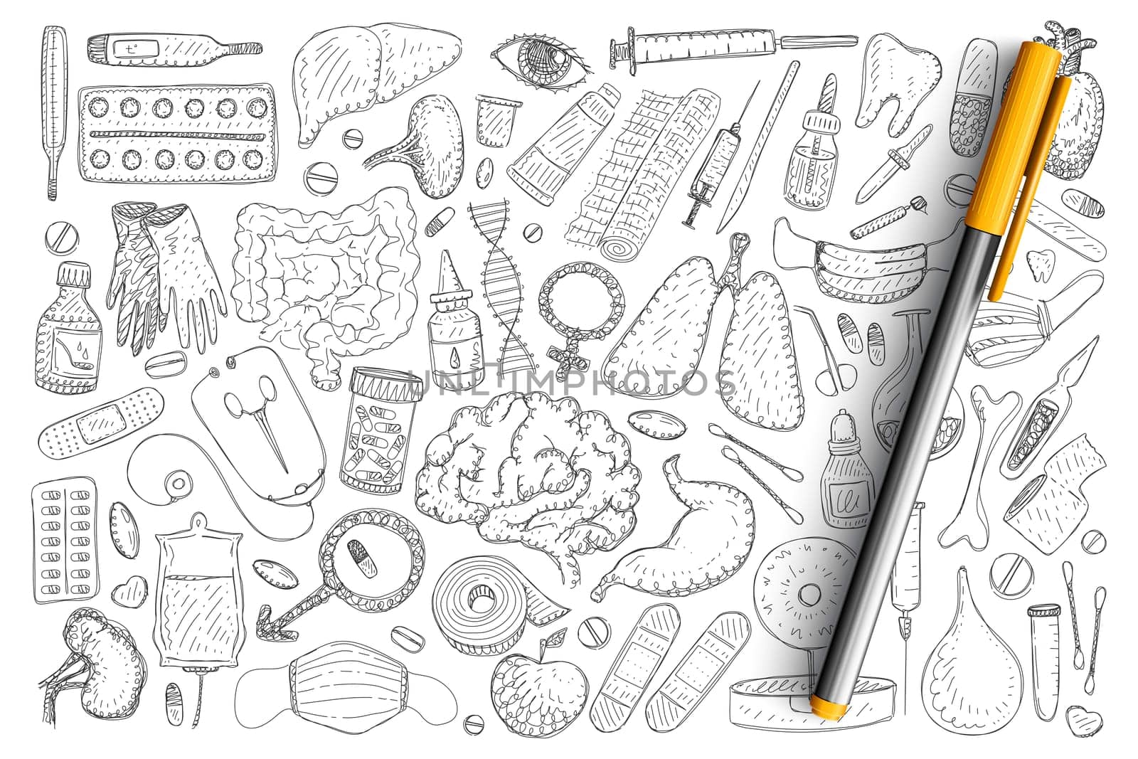 Medical recovery elements doodle set. Collection of hand drawn drugs treatment heating pad, thermometer, adhesive plaster, enema, dropper, vitamins and fruits isolated on transparent background