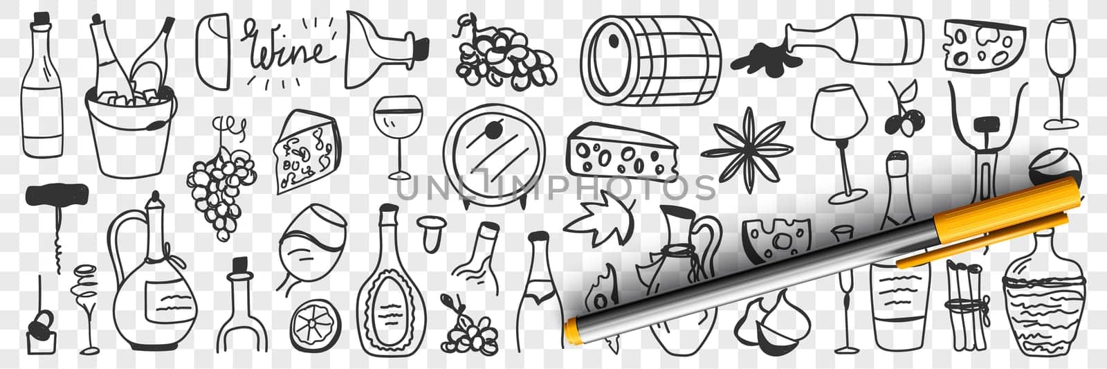 Goods for wine making doodle set. Collection of hand drawn barrels grapes jugs bottles glasses cheese bungs corkscrew bottles for wine producing and tasting isolated on transparent background