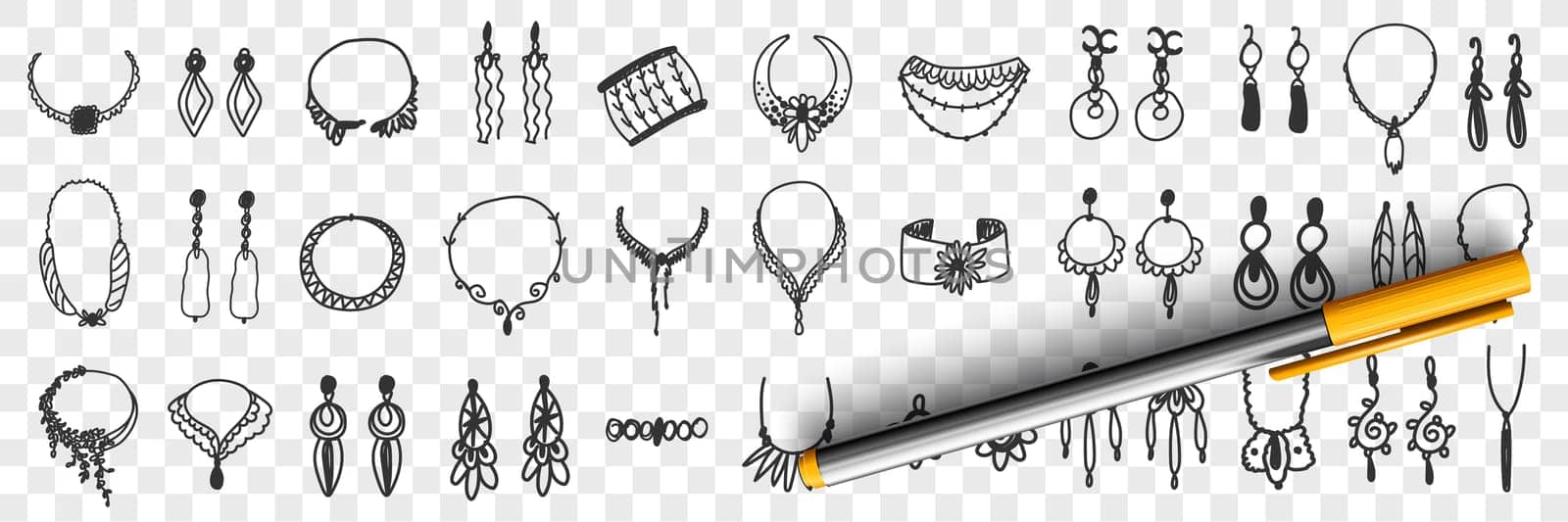 Jewellery and accessories doodle set. Collection of hand drawn elegant feminine accessories earrings necklace bracelets for wearing with stylish clothes isolated on transparent background