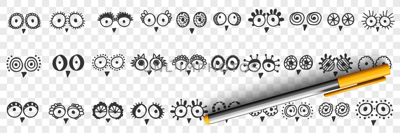 Birds eyes and beak doodle set. Collection of hand drawn cute funny round eyes and beaks of various birds in sketch manner isolated on transparent background