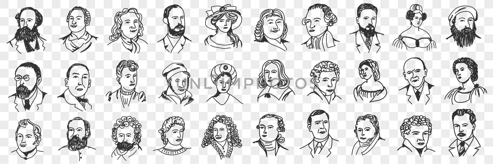 Portraits of middles ages people doodle set. Collection of hand drawn women and men with various hairstyles beard and moustache wearing hats and caps isolated on transparent background