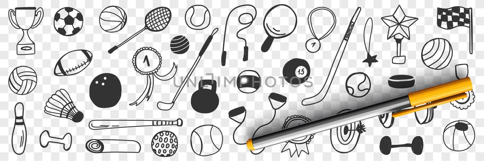 Sport games equipment doodle set. Collection of hand drawn badminton racket dumbbells soccer ball trophies hockey stick rugby tennis ball darts field medals isolated on transparent background