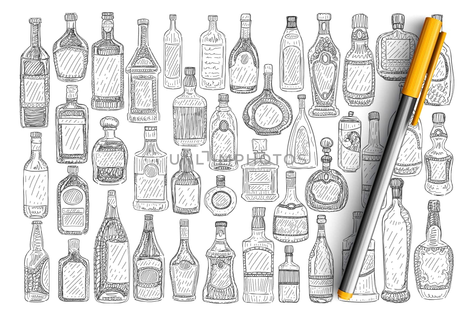 Various glass bottles doodle set. Collection of hand drawn glass bottles with labels for drinks perfume keeping liquids and oil isolated on transparent background. Illustration of glassware for home