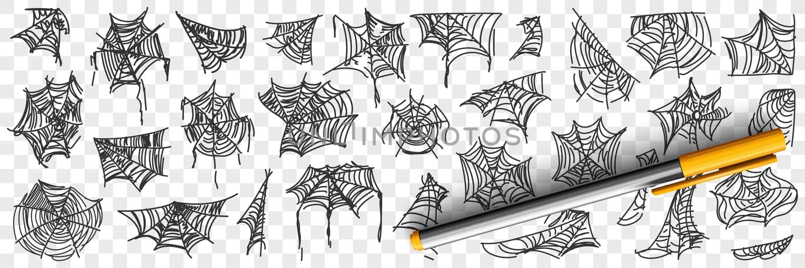 Spider web patterns doodle set. Collection of hand drawn silhouette of natural patterns of spider webs in corners on trees isolated on transparent background