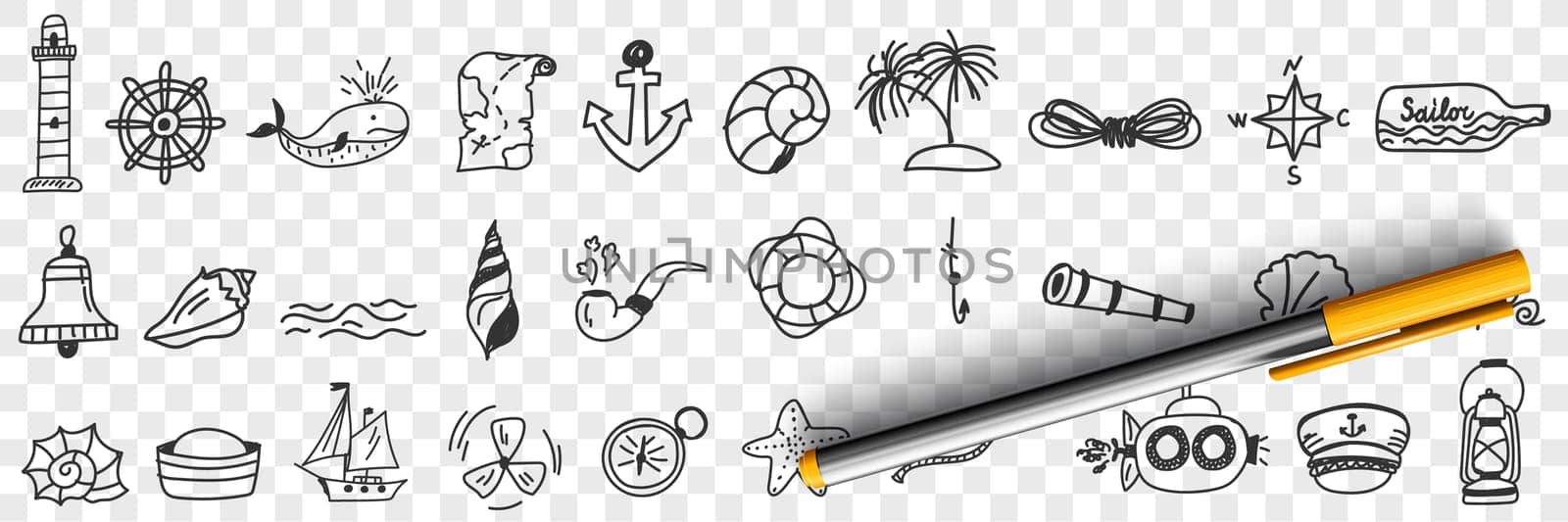Sailing and nautical equipment doodle set. Collection of hand drawn lighthouse anchor compass sailors bottle ships boats bell seashells pipe island palms rope isolated on transparent background