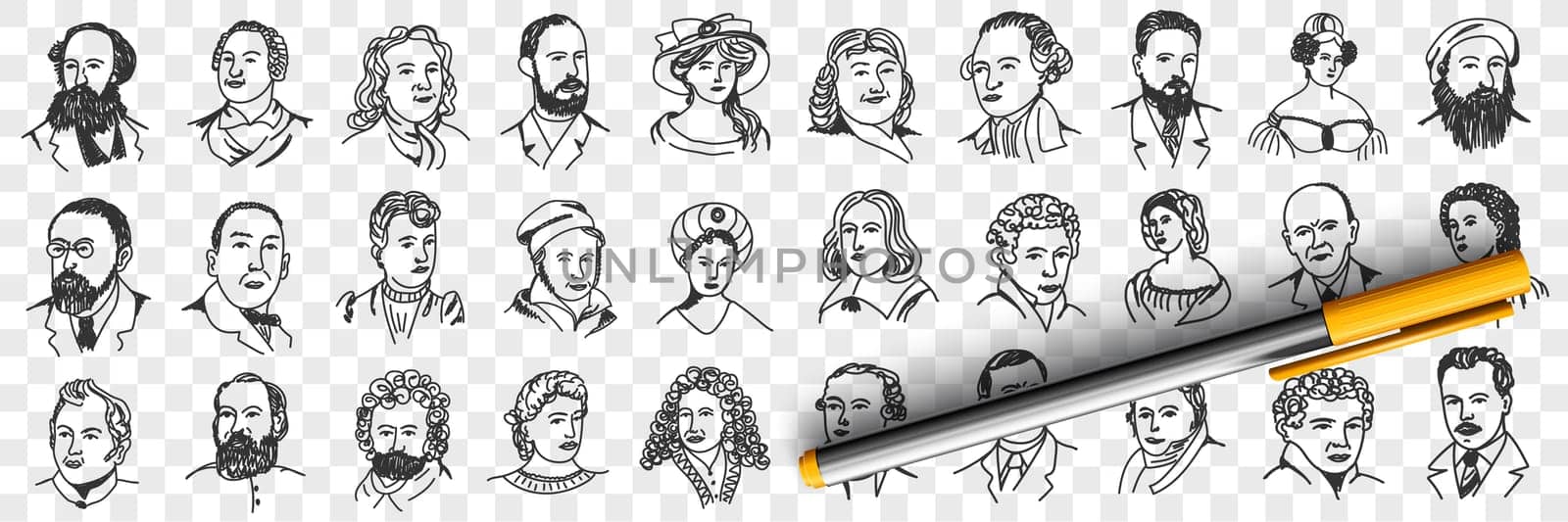 Portraits of middles ages people doodle set. Collection of hand drawn women and men with various hairstyles beard and moustache wearing hats and caps isolated on transparent background