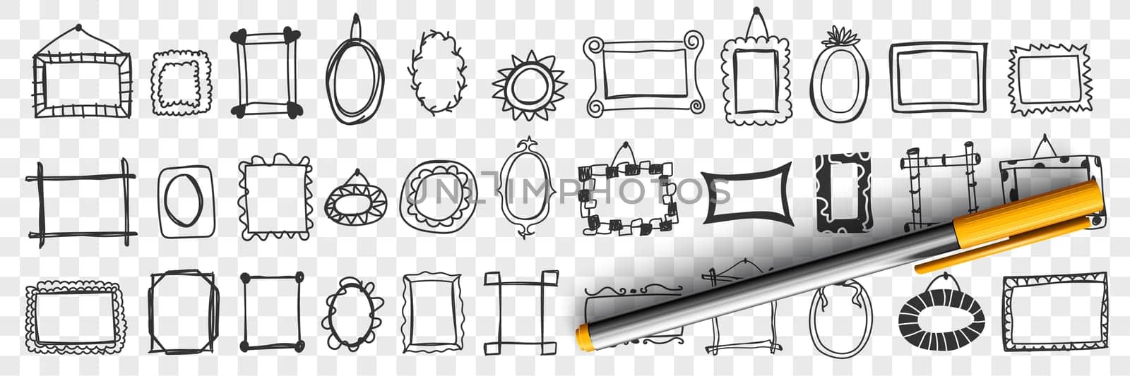 Mirrors and frames doodle set. Collection of hand drawn elegant stylish decoration frames for hanging mirrors pictures and decorating home interior isolated on transparent background