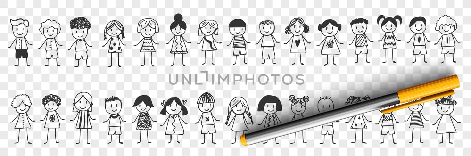 Happy boys and girls doodle set. Collection of hand drawn various smiling children boys and girls standing and feeling cheerful isolated on transparent background