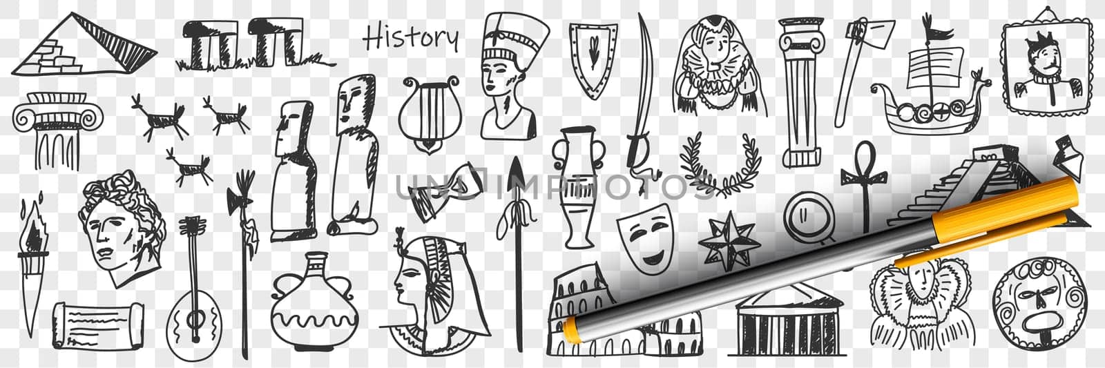 Symbols of history doodle set. Collection of hand drawn ancient sculptures monuments jugs masks theatres buildings wreaths musical instruments torch ships isolated on transparent background