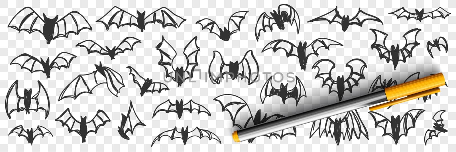 Flying bats at night doodle set. Collection of hand drawn silhouettes of bats with wings flying and sleeping hanging isolated on transparent background