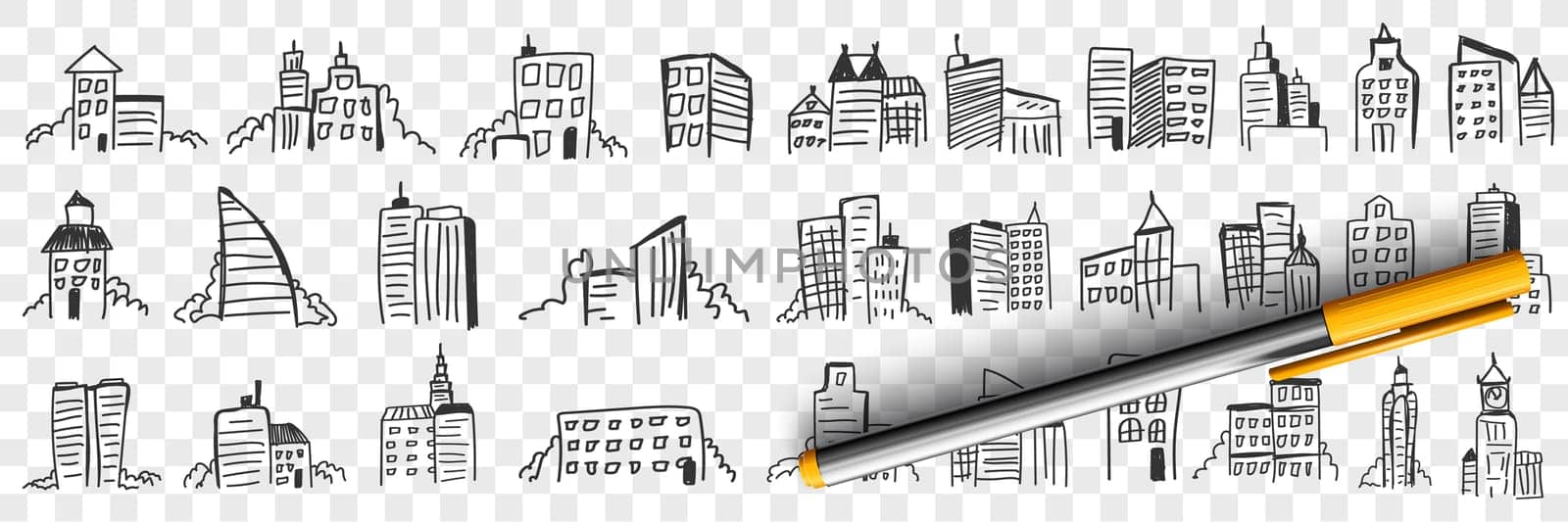 Silhouettes of city skyscrapers doodle set. Collection of hand drawn dark silhouettes of high buildings and landscape of cities and towns urban cityscape isolated on transparent background