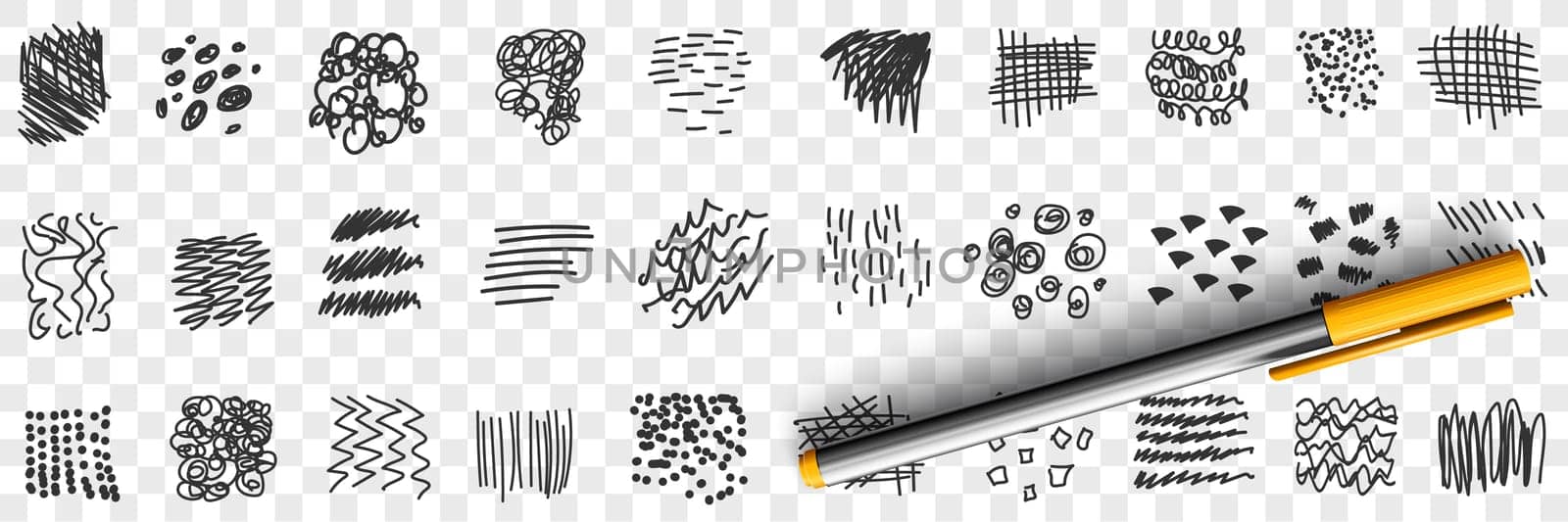 Scribbles lines drawings doodle set. Collection of hand drawn scribbles of various patterns straight and waving lines geometrical shapes isolated on transparent background