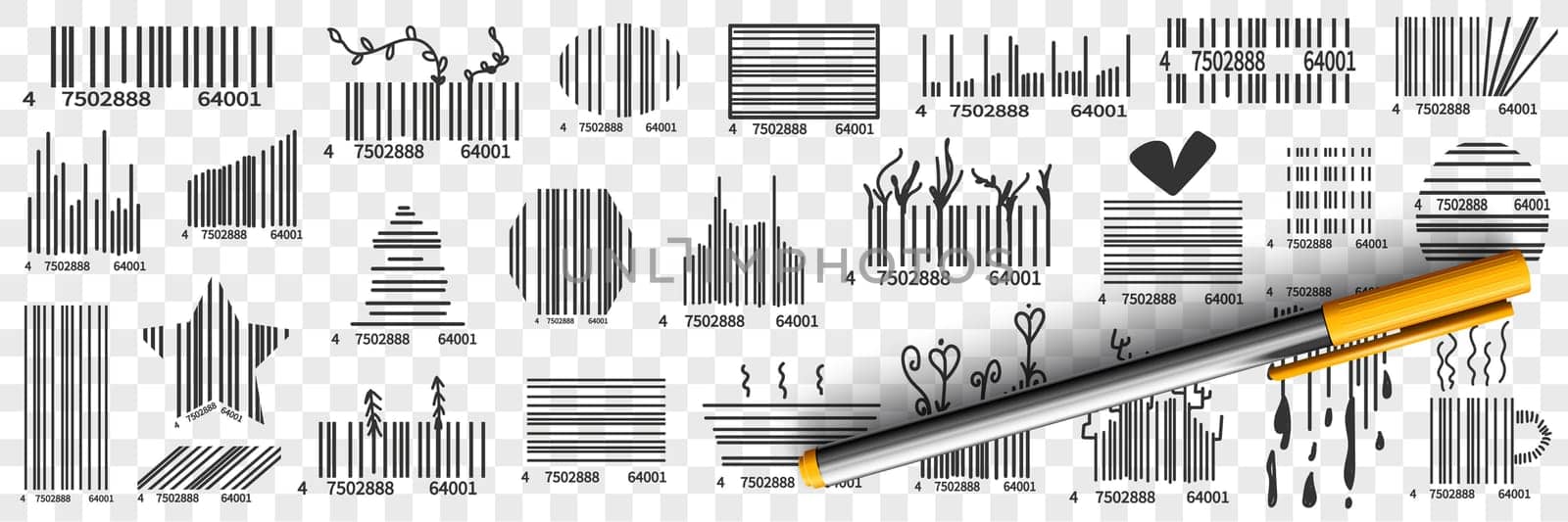 Barcodes on packs doodle set. Collection of hand drawn various barcode with numbers for scanning or showing origin of goods for customer isolated on transparent background