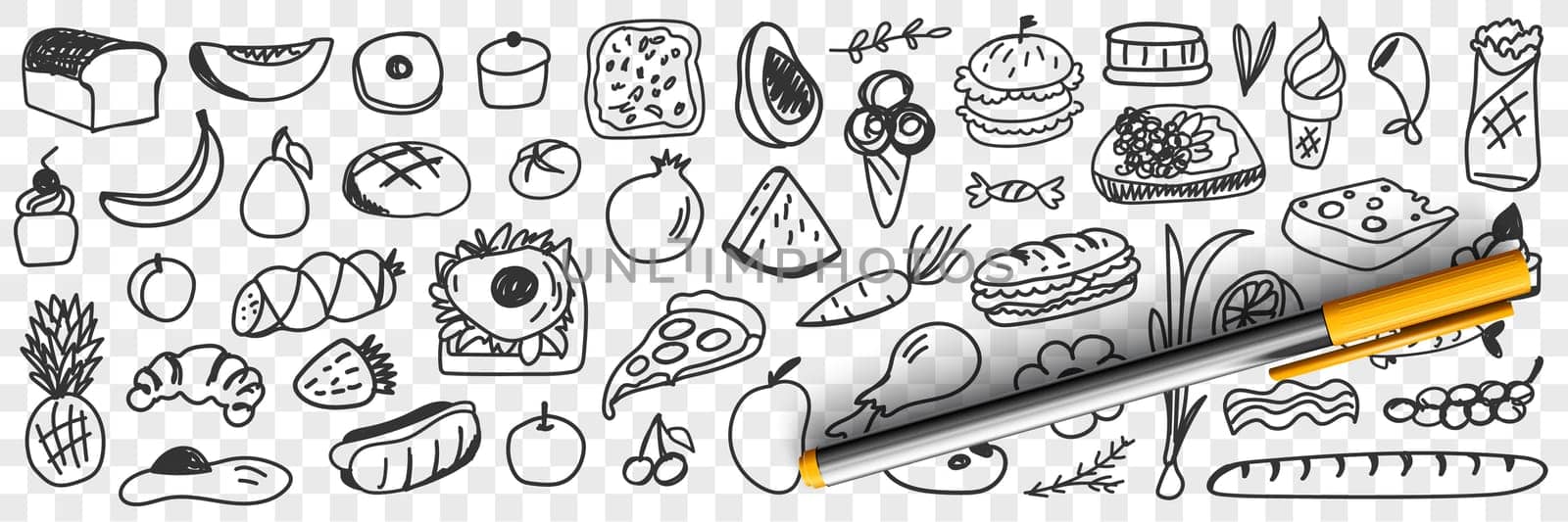 Fresh ingredients and foods doodle set. Collection of hand drawn pizza bread fruits vegetables ice cream sandwich cupcakes desserts sausage for healthy eating isolated on transparent background
