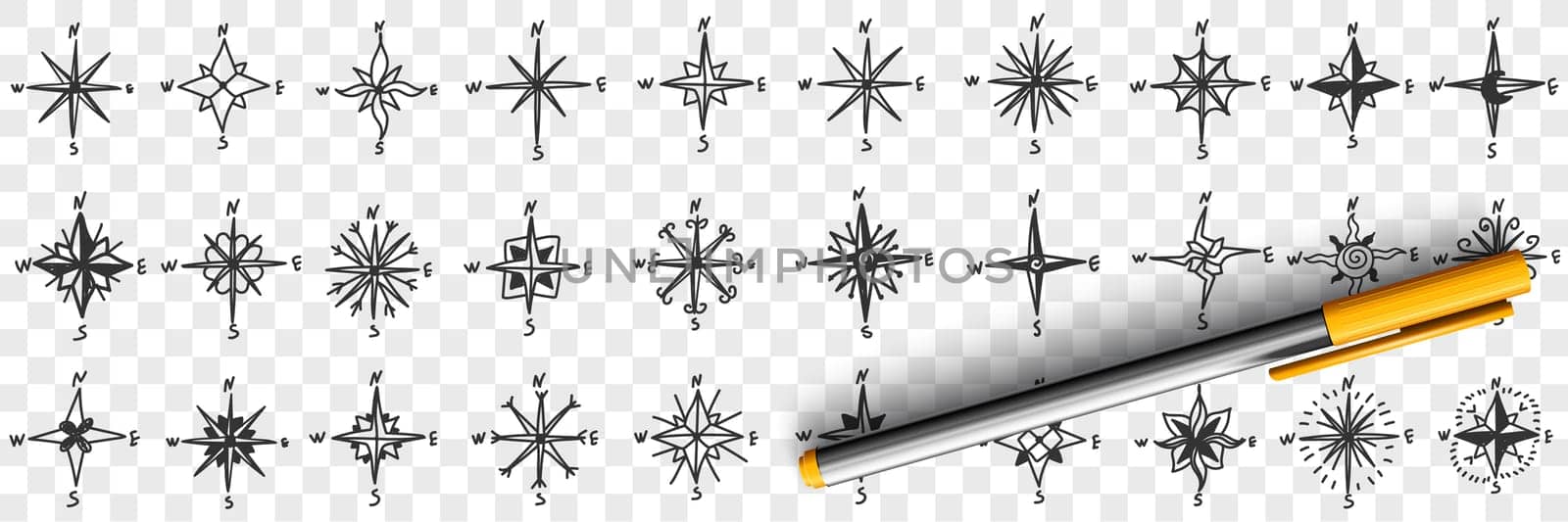 Cardinal points on compass doodle set. Collection of hand drawn patterns of north south west and east showing cardinal points for orienteering with compass isolated on transparent background