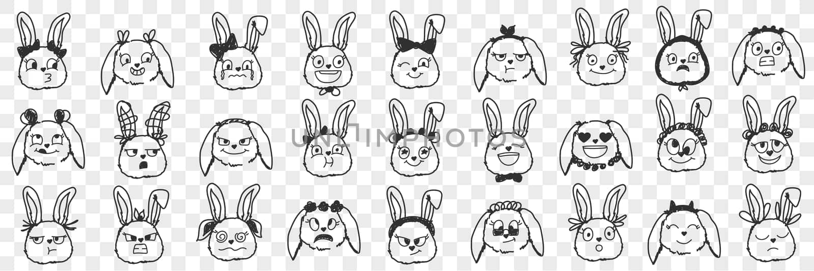 Rabbit faces expressions doodle set. Collection of hand drawn various positive and negative expressions of rabbit animals faces muzzles isolated on transparent background