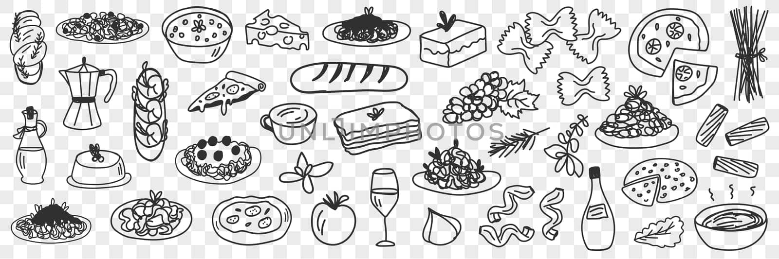 Foods and drinks doodle set. Collection of hand drawn edible and tasty bread cakes fruits pizza soup olive oil and drinks in glass and pot isolated on transparent background