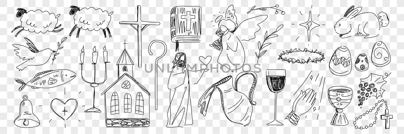 Religious symbols from bible doodle set. Collection of hand drawn jesus animals bible book holy wine in jug angels and christianity easter and festive attributes isolated on transparent background