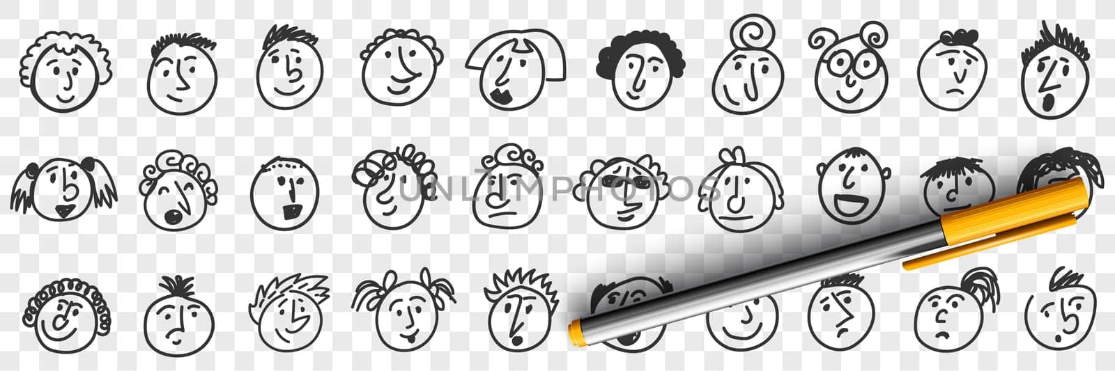 Funny children faces doodle set. Collection of hand drawn cute funny caricature girls and boys faces portrait with positive and negative facial expressions emotions isolated on transparent background