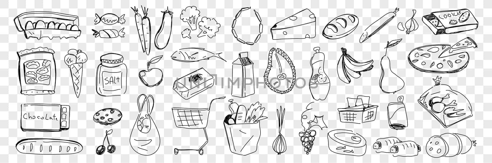 Foods from grocery purchase doodle set. Collection of hand drawn fresh bread cheese vegetables fruits eggs fish pizza cookies sweets salt dairy products bought in supermarket on transparent background
