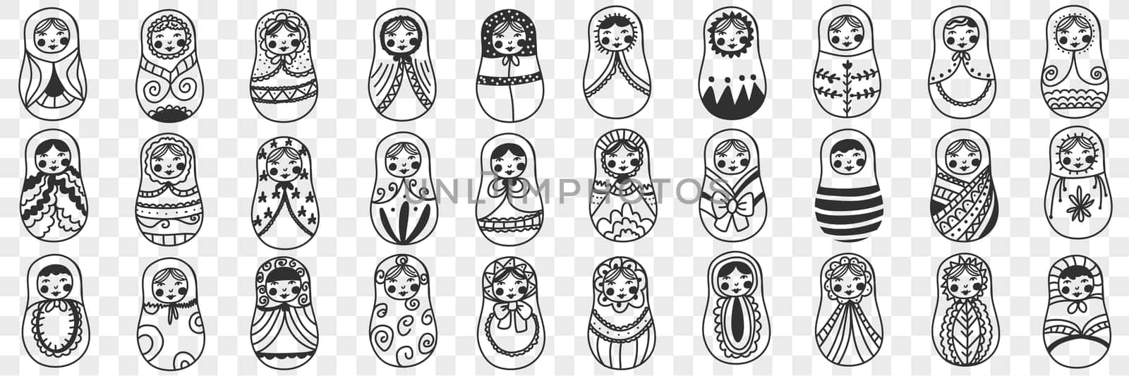 Russian doll matryoshka doodle set. Collection of hand drawn various Russian traditional national doll matryoshka decorated with patterns isolated on transparent background