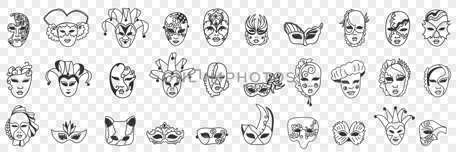 Carnival masks assortment doodle set. Collection of hand drawn various styles of decorative face masks as festival carnival costumes isolated on transparent background vector illustration