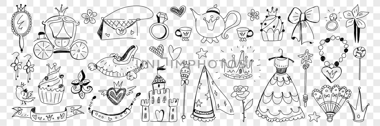 Princess clothes and lifestyle attributes doodle set. Collection of hand drawn castle dress crown cupcake mirror jewellery shield bag teapot bow and decorations isolated on transparent background
